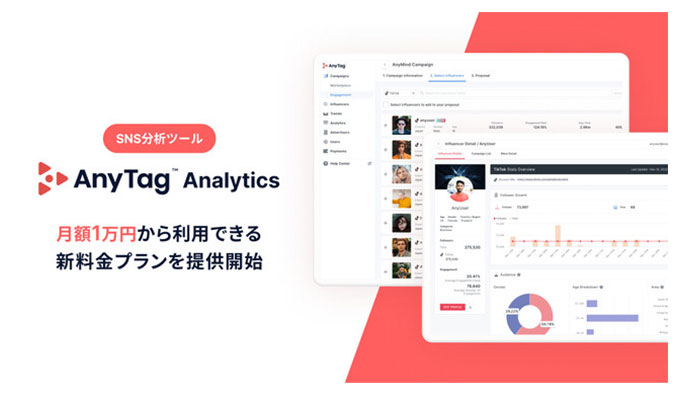 SNS分析ツール「AnyTag Analytics」より 月額1万円から利用できる新料金プラン