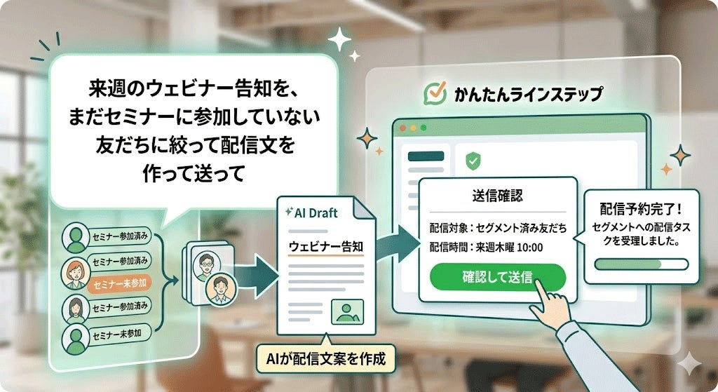 来週のウェビナー告知を、まだセミナーに参加していない友だちに絞って配信文を作って送って