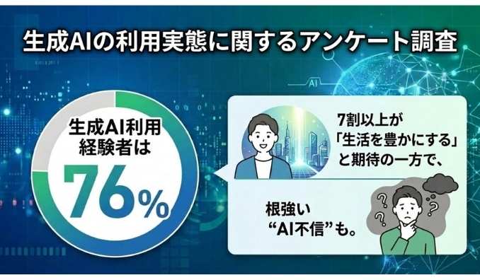生成AI利用経験者は76%。7割以上が 「生活を豊かにする」 と期待の一方で、根強い “AI不信” も。