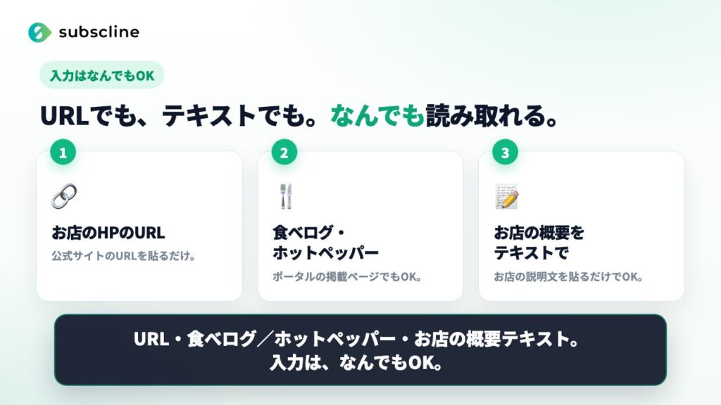 入力はURLでもテキストでもOK。ホームページが無くてもポータル掲載ページや店舗概要テキストから作成できる