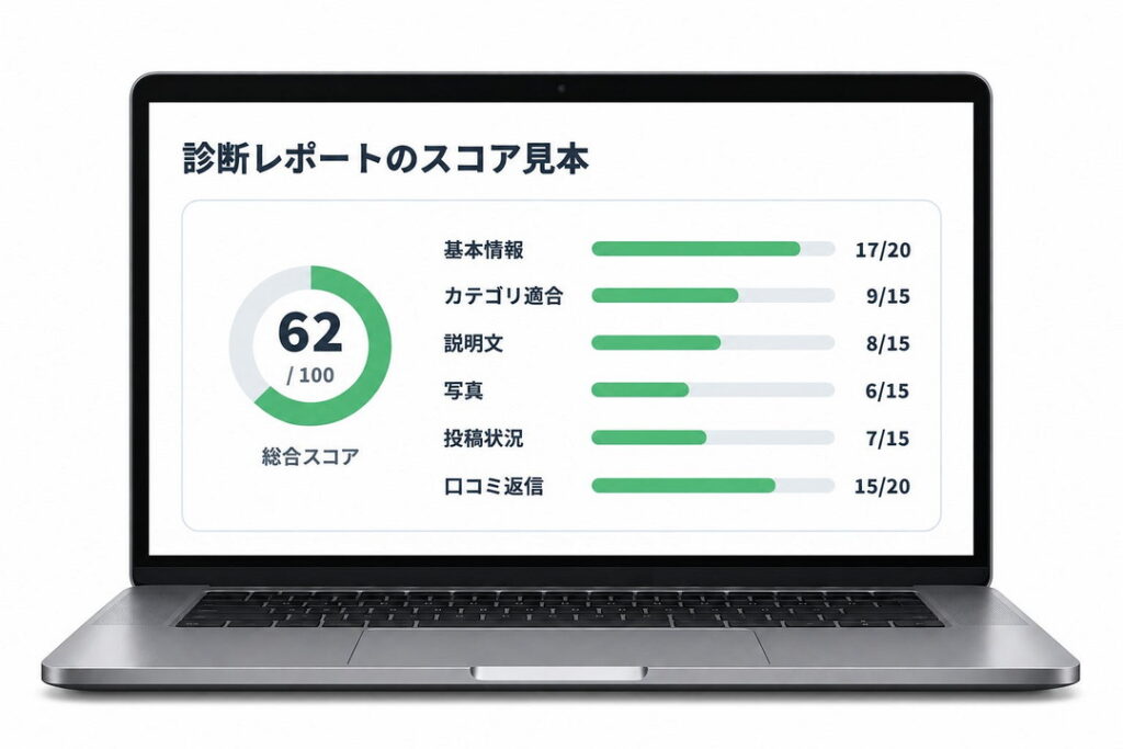 Googleビジネスプロフィールの整備・運用状況を6項目・100点満点で確認できる無料診断レポート(スコアは見本)
